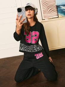Chillnights Conjunto de pijama con top minimalista de manga larga con estampado de letras en inglés y pantalón largo para mujer