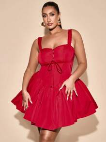 SHEIN BAE Plus Size Women's Spring/Summer Solid Red Sexy Elegant Square Collar Lace Splice Bodycon Bubble Hem Mini Dress, Suitable For Ball Gowns And Everyday Wear - Red - View 5