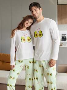 CoupledUp Conjunto de pijama con estampado de aguacate de dibujos animados para mujer, top y pantalón