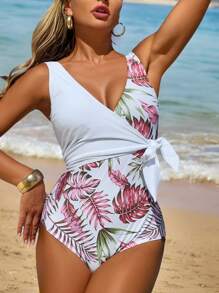 Swim Lushoire Summer Beach Tropical Plant Print One-Piece Swimsuit - Black and White - View 7