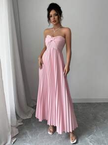 Elenzga 女士纯色前结褶边优雅连衣裙 - 粉色 - 查看 3