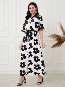 Lacomfia Women's Woven Printed Contrast-Color Button Waist Long Sleeve Dress - Black - View 7