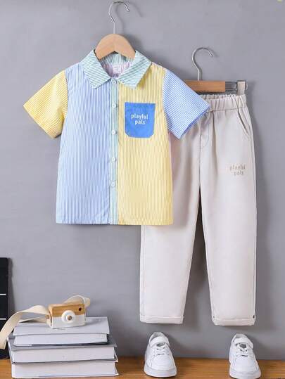 SHEIN 男孩字母条纹短袖单排扣衬衫和裤子两件套