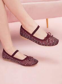 CUCCOO DOLLMOD Fashionable Wine Red Fully Rhinestoned Mesh Mary Jane Flats, Cute & Sweet For School, Students Spring Shoes Spring Break Easter - Burgundy - View 9