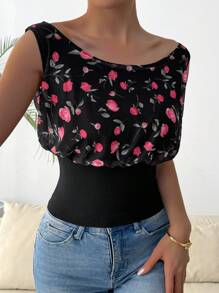 Chiquease Women's Contrast Bouquet Pattern Off Shoulder Slim Fit T-Shirt - Multicolor - View 3