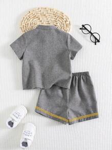 Cozy Pixies 2pcs/Set Baby Boys Contrast Color Banded Collar Short Sleeve Cardigan And Elastic Waist Shorts Set, Suitable For Summer