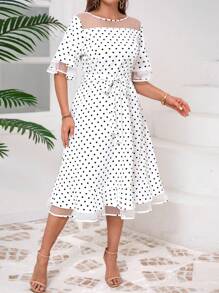 SHEIN Clasi Plus Size Mesh Patchwork Round Neck Short Sleeve Casual Dress - White - View 5