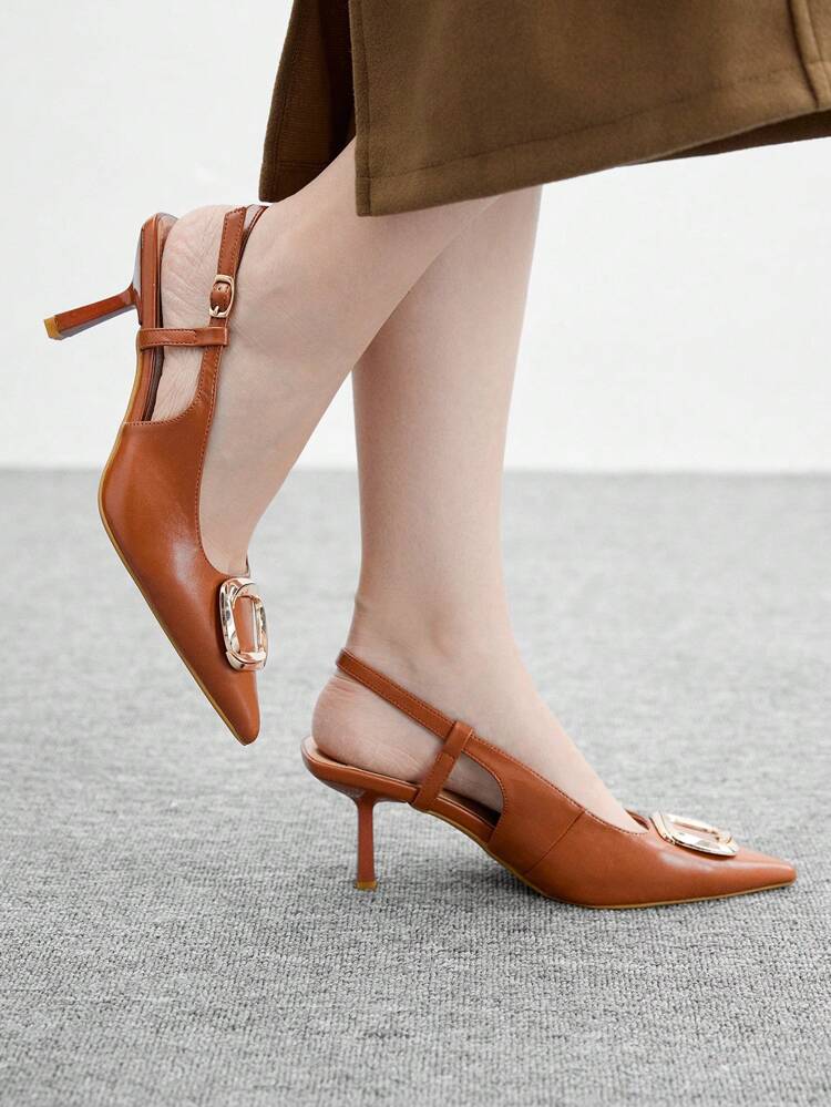 CUCCOO BIZCHIC Zapatos de tacón alto con punta fina para mujer, elegantes y de moda para uso diario con correa de tacón, color marrón café con hebilla de strass