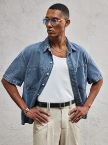 AKNOTIC Business Casual Men Loose Fit Letter Embossed Middle Sleeve Casual Denim Jacket, Suitable For Summer - Blue - View 5