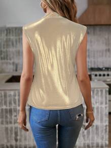 SHEIN LUNE 女士立领绗缝箔纹理休闲度假优雅外向背心 - 金色 - 查看 2
