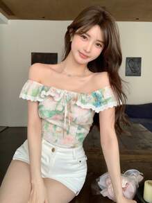 DAZY 花卉露肩短袖上衣，女士夏季度假扎染上衣邮轮女装，荷叶边，短款上衣，女士外出复活节上衣 - 綠色 - 查看 2