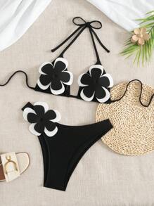 SHEIN Swim 2 件套性感海滩花卉装饰三角比基尼套装，适合夏季度假 - 黑色 - 查看 1