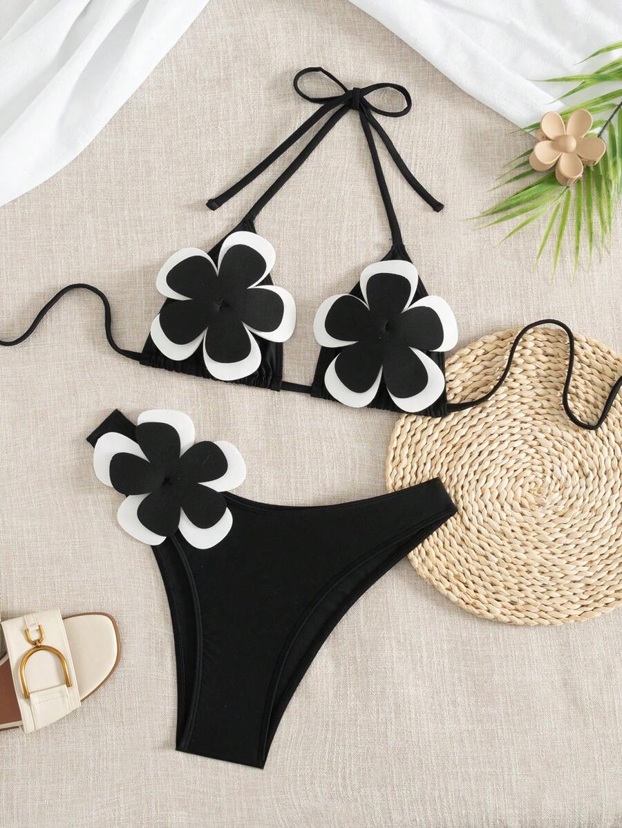 SHEIN Swim 2 件套性感海滩花卉装饰三角比基尼套装,适合夏季度假 - 黑色 - 查看 1