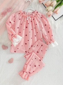 Young Girls' Ruffle Collar Comfy Textured Heart Print Long Sleeve Pajama Set - Pink - View 1