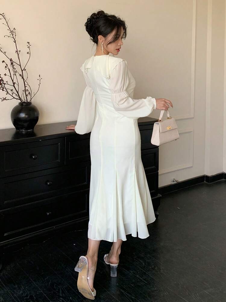 Plain V-Neck Ruffle Hem Midi Dress For Women,Fall Dress Long Sleeve Dress