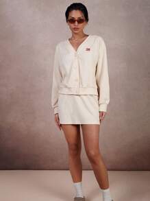 COSMINA 2pcs/Set Women Number Graphic Long Sleeve Button-Up Top And Mini Skirt - Beige - View 6