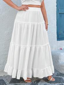 SHEIN Clasi 大码女式优雅荷叶边开叉纯色度假半身裙 - 白色 - 查看 4