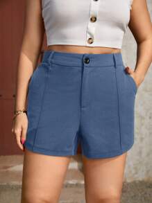 SHEIN Essnce Plus Size Women's Solid Color Toothpick Stripe Design Casual Shorts - Dusty Blue - View 1