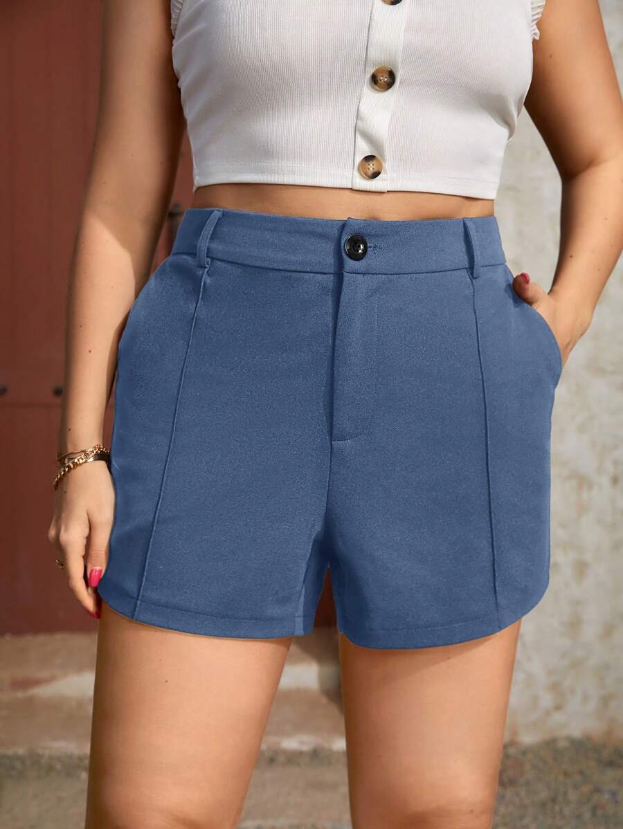 SHEIN Essnce Plus Size Women's Solid Color Toothpick Stripe Design Casual Shorts - Dusty Blue - View 1