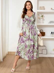 SHEIN Frenchy Robe de femme grande taille élégante et romantique avec impression de surpiqûre, bordure de taille, couleur bloc, col V en mousseline, modeste, convient pour la Saint-Valentin