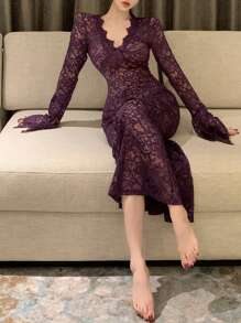 DAZY Lace Sheer Fitted Long Sexy Nightgown Pajama - Purple - View 6