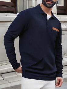Manfinity Homme Plus Size Men Contrast Color Long Sleeve Casual Polo Shirt, Suitable For Commuting - Navy Blue - View 3