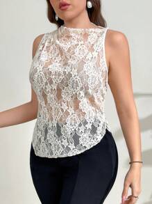 Firerie Plus Size Women Floral Lace High Collar Sleeveless Blouse - Apricot - View 4