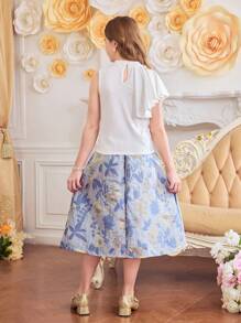 2pcs/Set Tween Girls' Multi-Layer Organza Short Sleeve Blouse + Embroidered Dress Elegant Spring/Summer Outfit - White - View 2