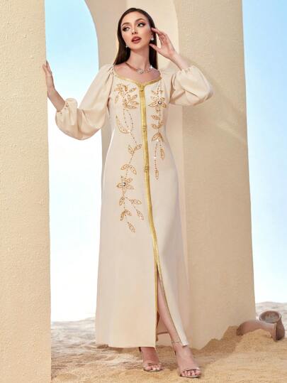Al Najma Apricot Color Hand-Sewn Beaded Waist Dress, Suitable For Holiday Party, Arabian Dresses, Modest Kaftan