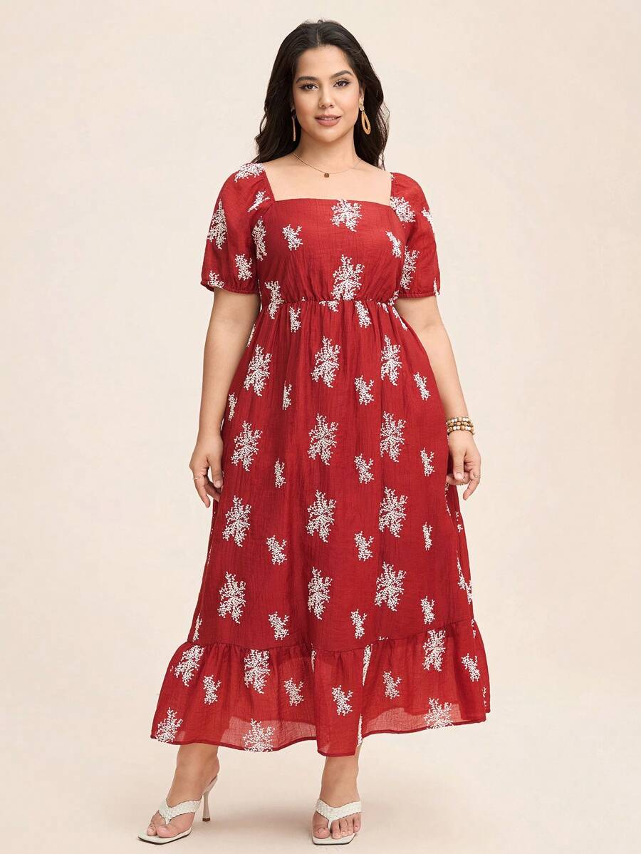 SHEIN LUNE Plus Size Women Floral Print Square Collar Short Sleeve Elegant Dress Red And White,Summer,Boho,Vacation,Holiday Sun Dress Birthday Gown Work Clothing - Red - View 1
