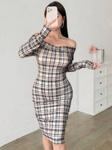 Modelyn Women's Long Sleeve Fitted Off Shoulder Plaid Bodycon Dress - Multicolor - View 6
