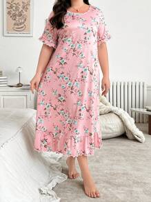 Floral Print Plus Size Women Round Neck Short Sleeve Long Nightgown, Moo Moo - Pink - View 4