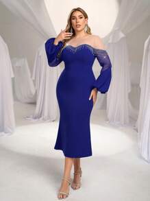 SHEIN Belle Plus Size Elegant Navy Blue Sheer Round Neck Lantern Sleeve Long Sleeve Fringe Decor Bodycon Fishtail Midi Dress Wedding Guest Dress, For Party - Blue - View 6