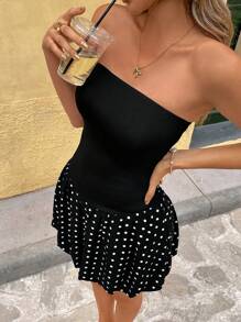Chiquease 合身波点复古黑白抹胸迷你连衣裙