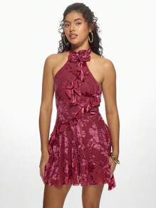 MISSGUIDED Vestido mini de terciopelo con estampado floral, detalle de cuello halter y volantes, ideal para fiestas, cócteles, bodas, eventos especiales, celebraciones y baile