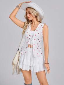 SHEIN LUNE Áo thun thắt nơ phía trước phong cách Tây Âu Áo thun mùa xuân Boho Quần áo nữ Áo sơ mi trắng không tay in hình trái tim nơ - trắng - Xem 7