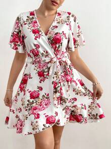 Flirla 大码波西米亚风 V 领花卉印花荷叶边裹身裙，优雅海滩度假休闲及膝连衣裙，女士春夏 - 彩色 - 查看 3