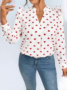 SHEIN LUNE Women's V-Neck Ruffled Loose Casual Heart Textured Blouse, Valentine's Day