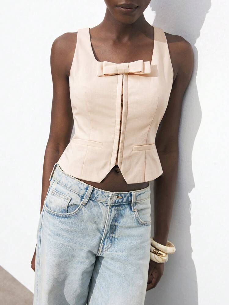 SHEIN Maija 2025 Summer New Arrivals Front Button Closure Metal Hook Bow Decor Moderns Casual Cardigan Top, Versatile For Daily, Formal, Holiday, Vacation Wear, Suitable For Outing, Party, Wedding Guest, Leisure, Music Festival, Graduation
