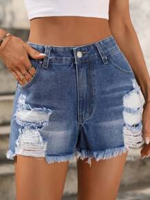 SHEIN Essnce Women's Fashionable Casual Distressed Denim Shorts