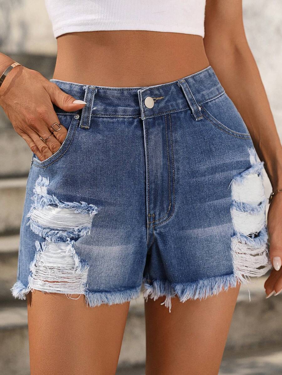 SHEIN Essnce Women's Fashionable Casual Distressed Denim Shorts