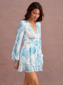 WESTFADE Spring Flower Printed Chiffon Surplice V Neck Bow Back Ruffle Tiered Long Sleeve Mini Dress Summer Vacation 90s Dress - Multicolor - View 5