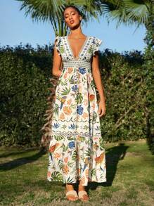 Travachic Women's V-Neck Tropical Floral Print Ruffle Sleeve Casual Vacation Dress,Casual Holiday Wear,Summer Outfits For Women