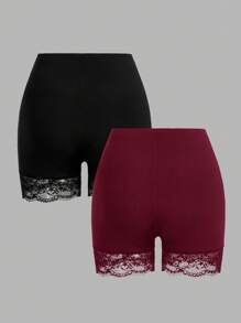 SHEIN Essnce 2 件女式加大码蕾丝拼布短款紧身裤 - 酒紅色 - 查看 3