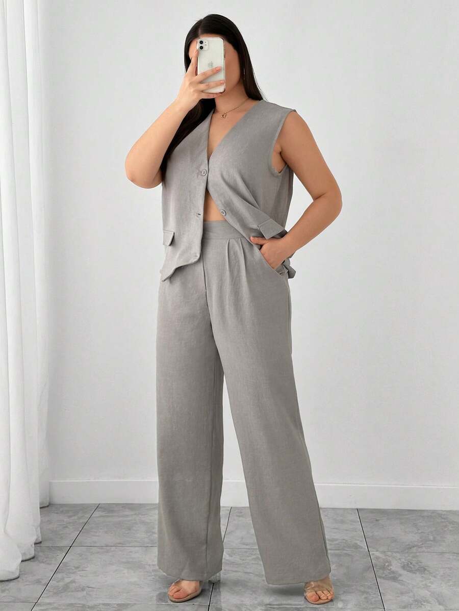 RueChic Plus Women's Solid Button Placket Tank Top & Wide Leg Pants - Grey - View 1