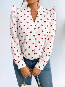 SHEIN LUNE Women's V-Neck Ruffled Loose Casual Heart Textured Blouse, Valentine's Day