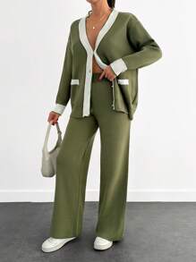 SHEIN PETITE Ladies' Two Piece Set Of Colorblock Cardigan With Rolled Edge And Drop Shoulder & Pants With Button Fly