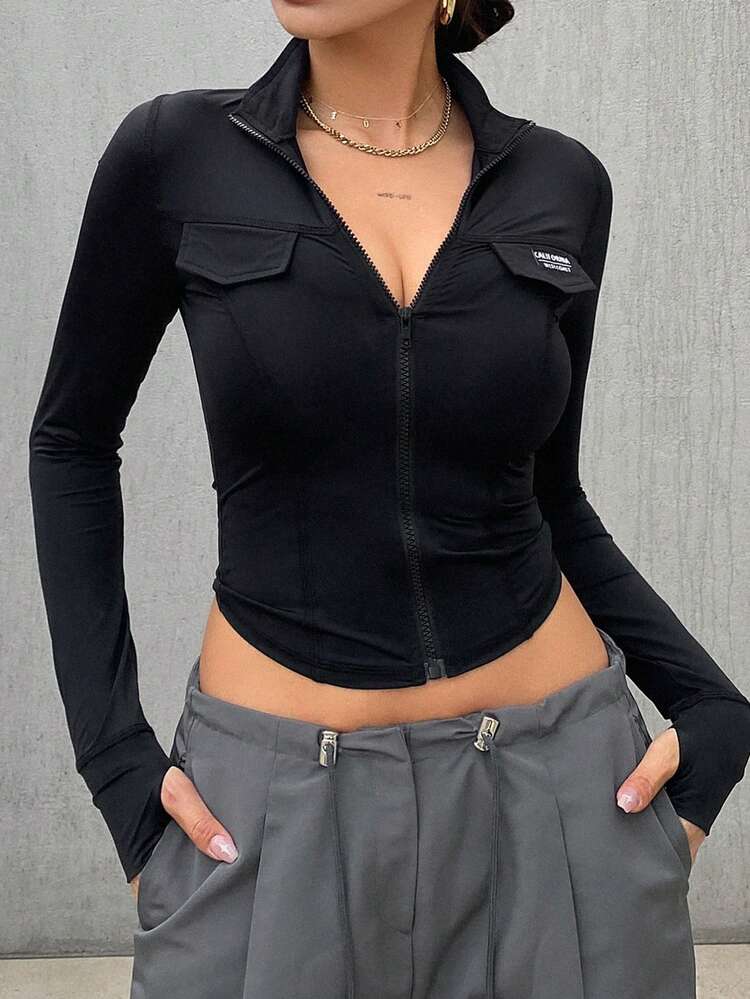 Women's Fitted Sports Jacket Outerwear With Stand Collar And Woven Label Decoration