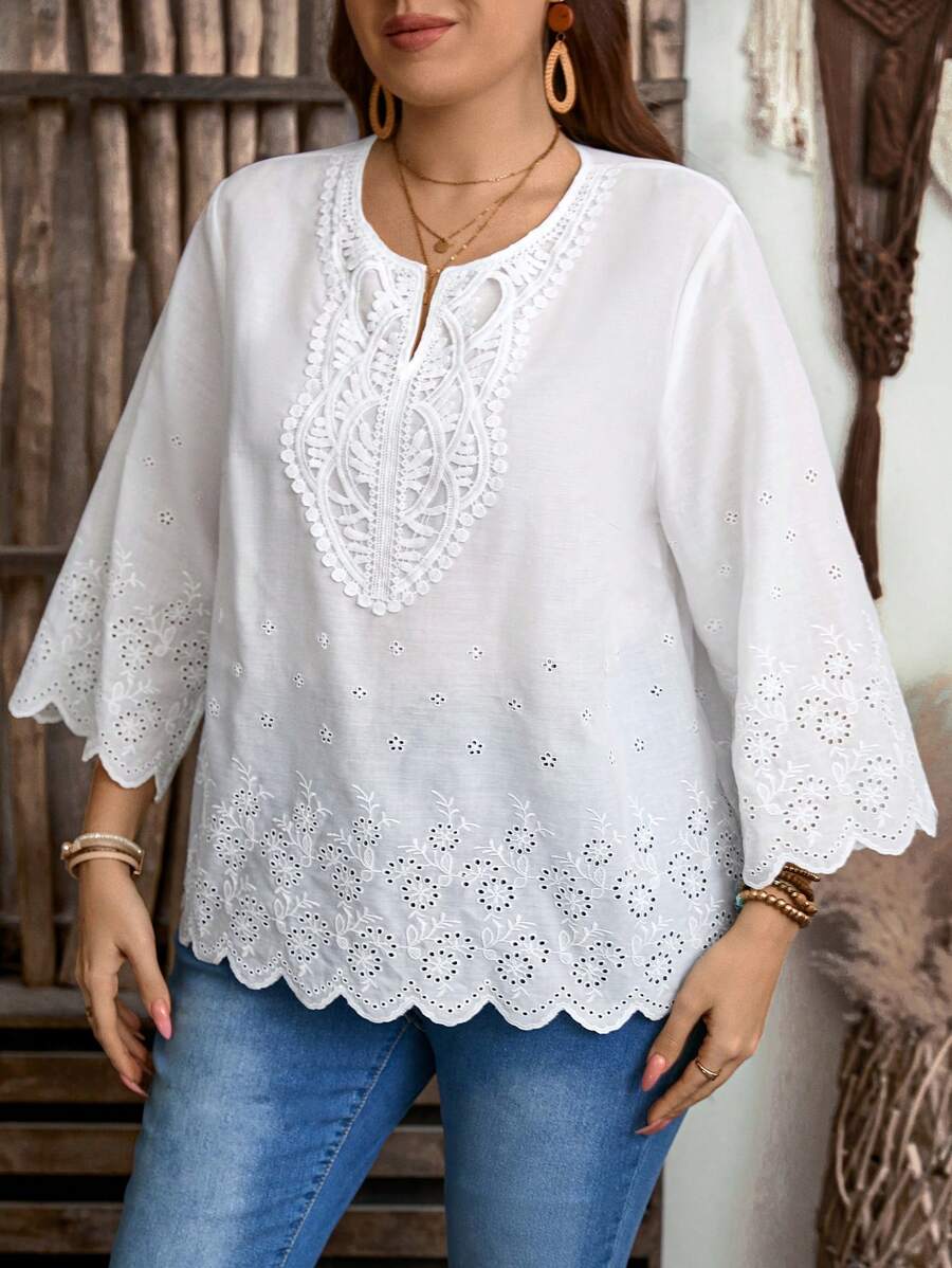EMERY ROSE Plus Size Plain V-Neck Seashell Hem Casual Shirt,Boho For Women/Summer,Western Wear Women,Vacation Outfits Woman