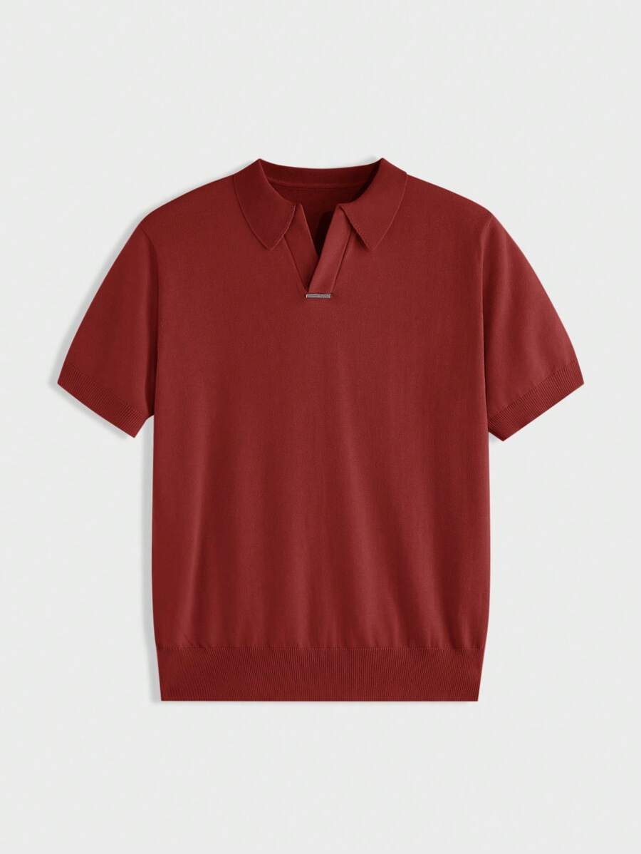 AKNOTIC Business Casual 男式纯色 Polo 领短袖休闲针织上衣，学校风 - 紅色 - 查看 1